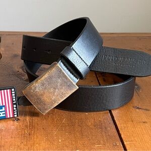 Ralph Lauren Black Leather Belt with Aged Brass Rectangular Buckle -NWT